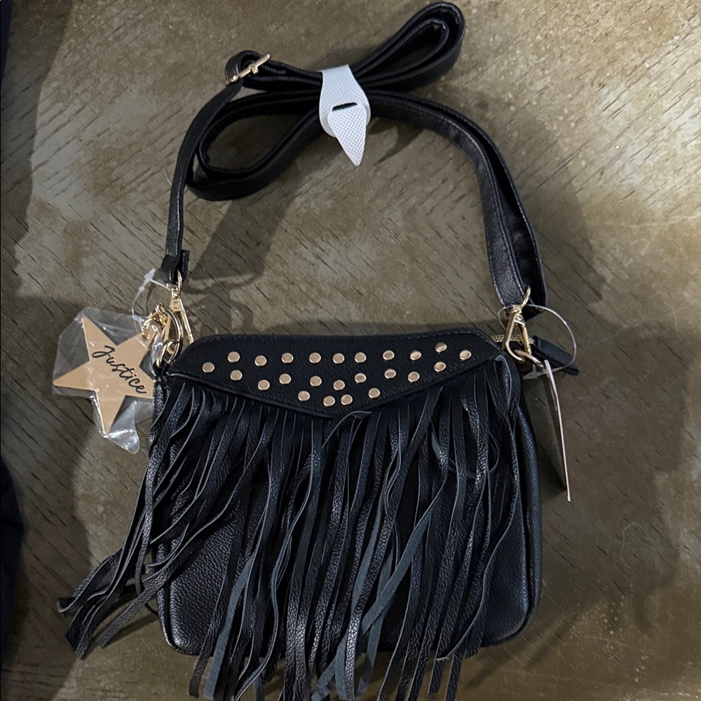 Justice Black Crossbody Bag with Fringe and Gold Accents